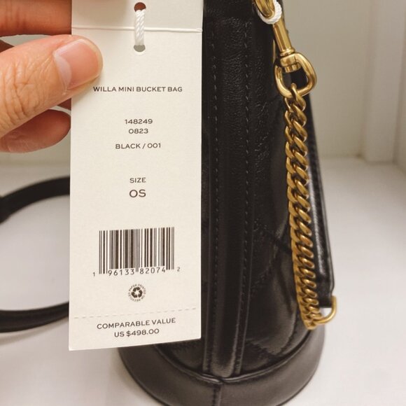 TORY BURCH 148249 WILLA MINI BUCKET BAG BLACK FULL LEATHER DRAWSTRING QUILTED - Picture 4 of 4